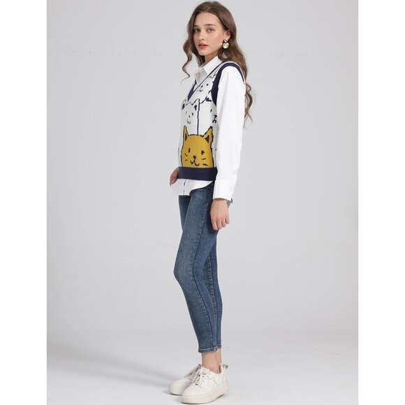 Womens Cats Print Knit Sweater Vest V Neck Sleeveless Tank Top Small - Picture 7 of 7